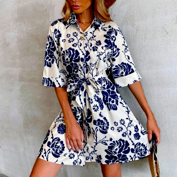 SHEIN Dresses & Skirts - Floral Print Self Tie Shirt Dress Size Medium